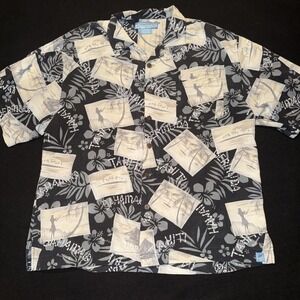 Bermuda Bay Hawaiian Luau Camp Silk Shirt Black And Grey Button Mens XL